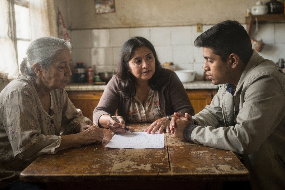 Tres generaciones de una familia conversan alrededor de una mesa con notas escritas
